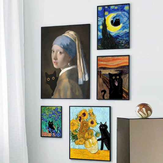 Funny art canvas prints featuring black cats in famous paintings, including The Scream and Girl with a Pearl Earring. Perfect for quirky home decor.