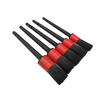 Five-piece car detailing brush set featuring soft bristles and ergonomic handles, designed for precise cleaning of vehicle interiors and exteriors.