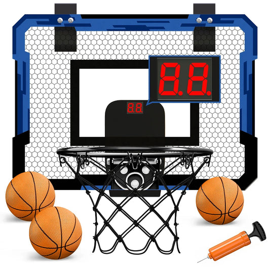 Mini Basketball Hoop Set for kids with digital scoreboard, three basketballs, and pump. Ideal for indoor and outdoor play.