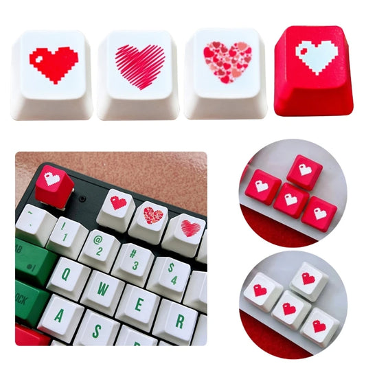 Set of four pixel heart keycaps for mechanical keyboards in red and white designs. Compatible with Cherry MX switches for a custom aesthetic.