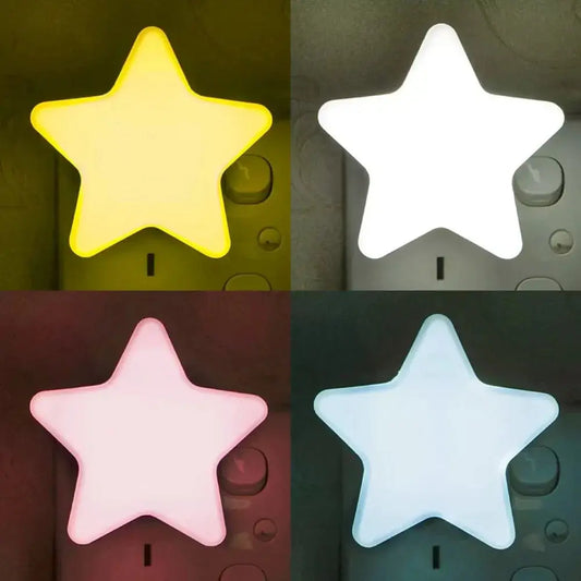 LED star night light with four color options, including yellow, white, pink, and blue. Ideal for ambient lighting in bedrooms and hallways.