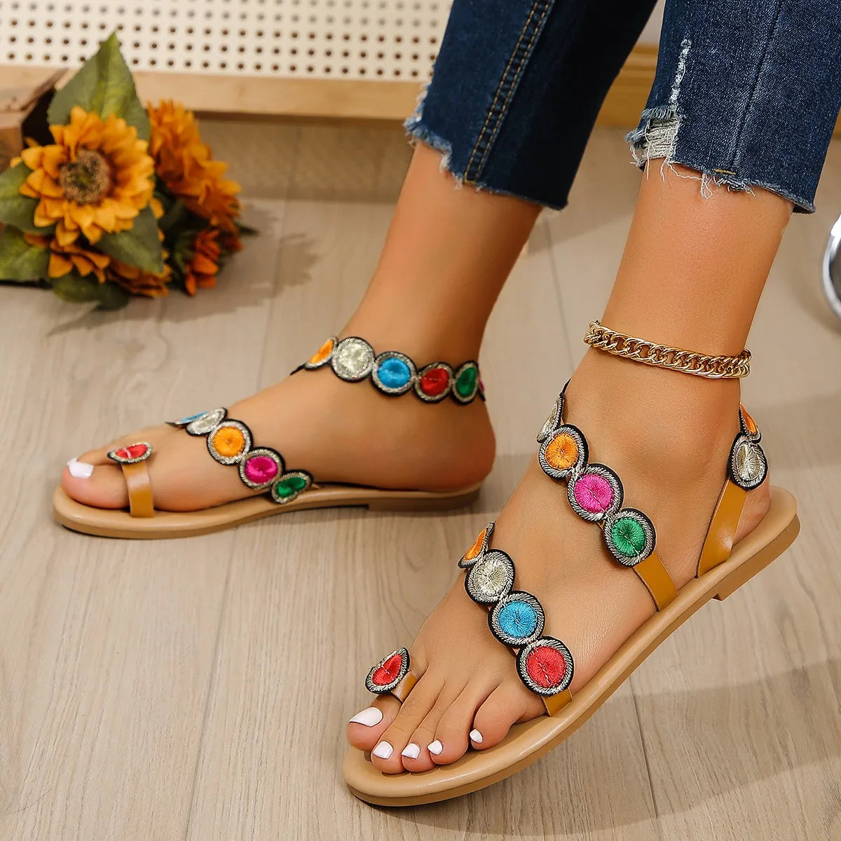 Yellow Embroidered Faux Flower Fashion Sandals Flat Plus Size 43 Summer Outdoor Beach Shoes Travel Mom Shoes - MOLUCKS