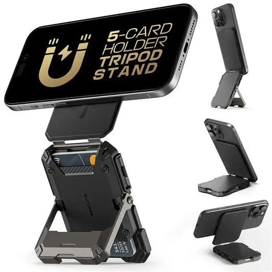 Magnetic tripod phone stand with credit card holder, adjustable for various viewing angles. Compatible with MagSafe iPhones, offering secure grip.