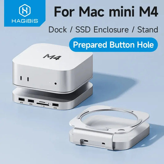 Hub with M.2 SSD enclosure for Mac Mini M4/M4 Pro, featuring a stand and Type-C docking station with multiple ports for enhanced connectivity.