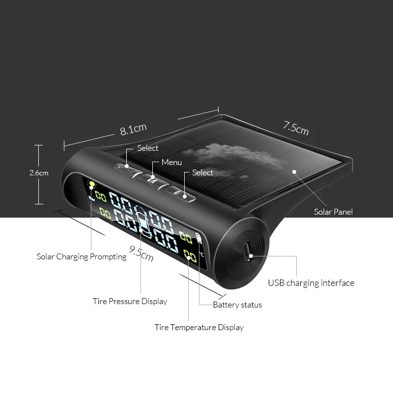 Solar Smart TPMS - Car Tire Pressure & Temperature Monitoring System