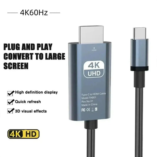 4K Type-C to HDMI-compatible adapter cable supporting 60Hz refresh rate. Plug and play design for high-definition display and 3D visual effects.