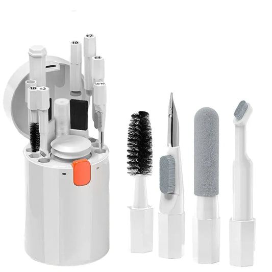 20-in-1 cleaning kit for computer keyboards and earphones with multiple brushes and tools in a compact storage case.